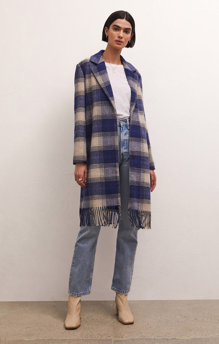 Jackets Ynez Fringed Plaid Coat Cadet Blue