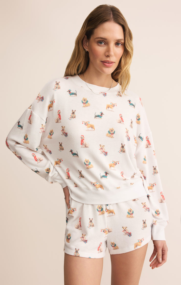 Tops Cozy Up Pup Long Sleeve Top White