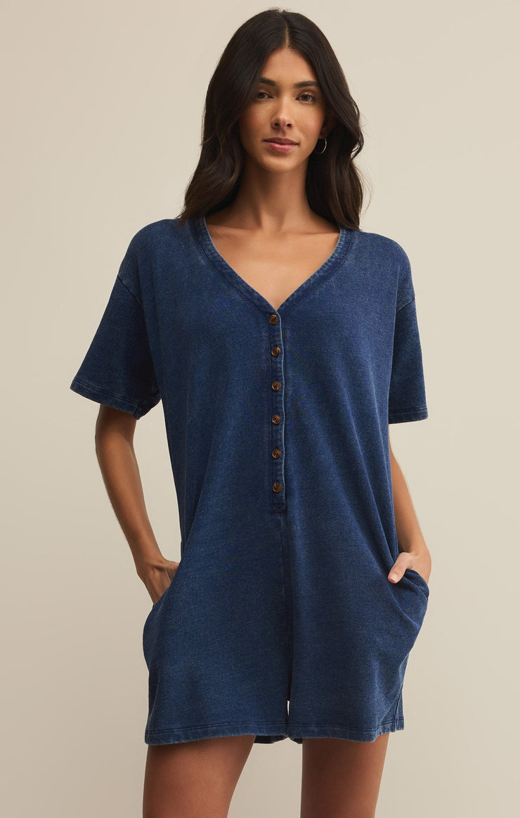 Shorts Enid Knit Denim Romper Enid Knit Denim Romper