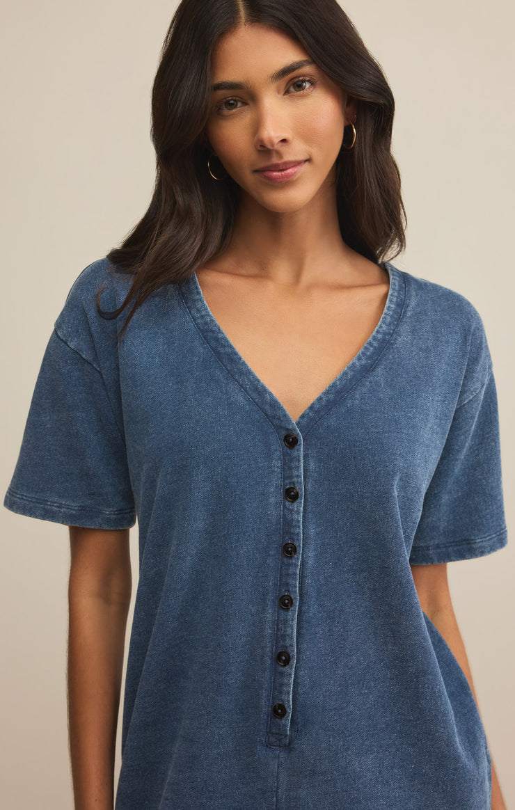 Shorts Enid Knit Denim Romper Vintage Indigo