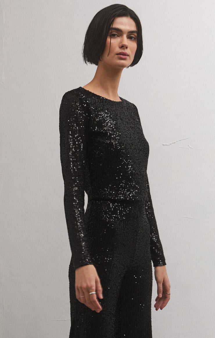 Tops Aurora Sequin Cropped Long Sleeve Top Black