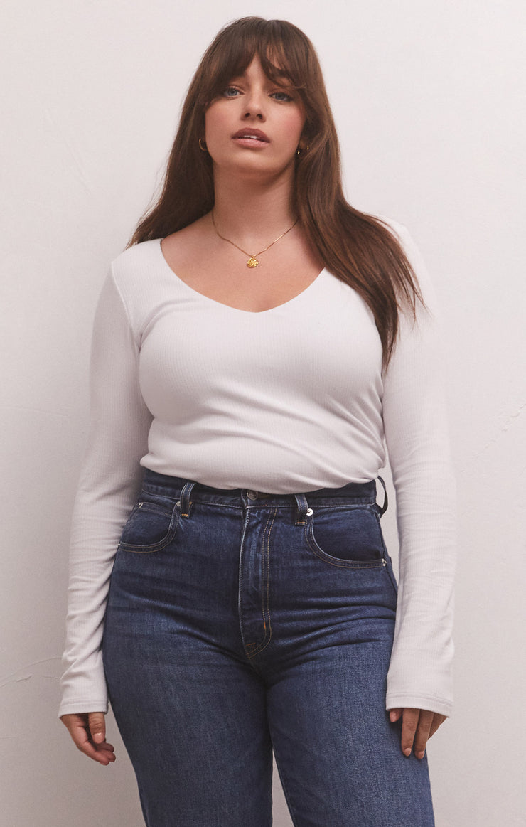 Tops Aden V-Neck Rib Long Sleeve Top White