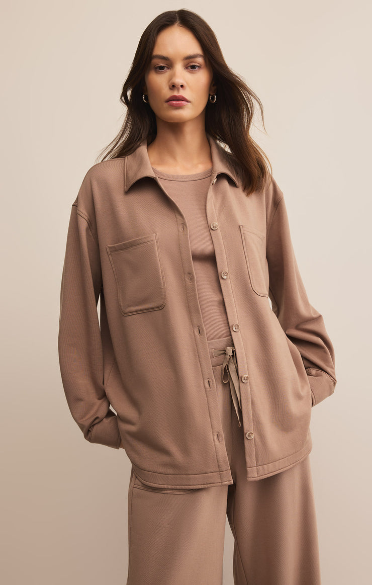 Tops Layover Modal Fleece Button Up Desert Taupe