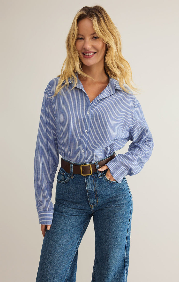 Tops Seaport Striped Button Up Sky Blue