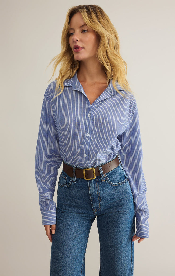 Tops Seaport Striped Button Up Sky Blue
