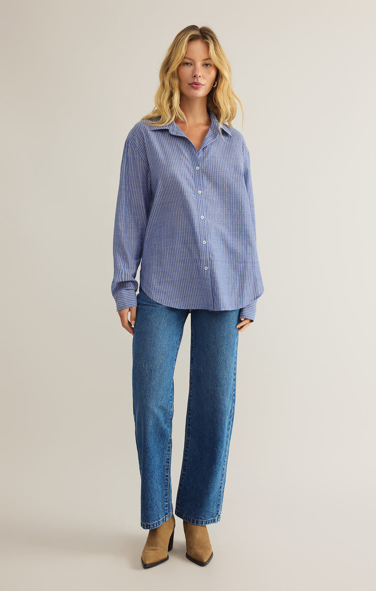 Tops Seaport Striped Button Up Sky Blue
