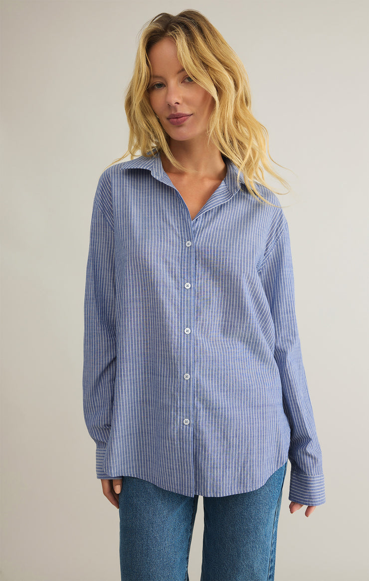 Tops Seaport Striped Button Up Sky Blue