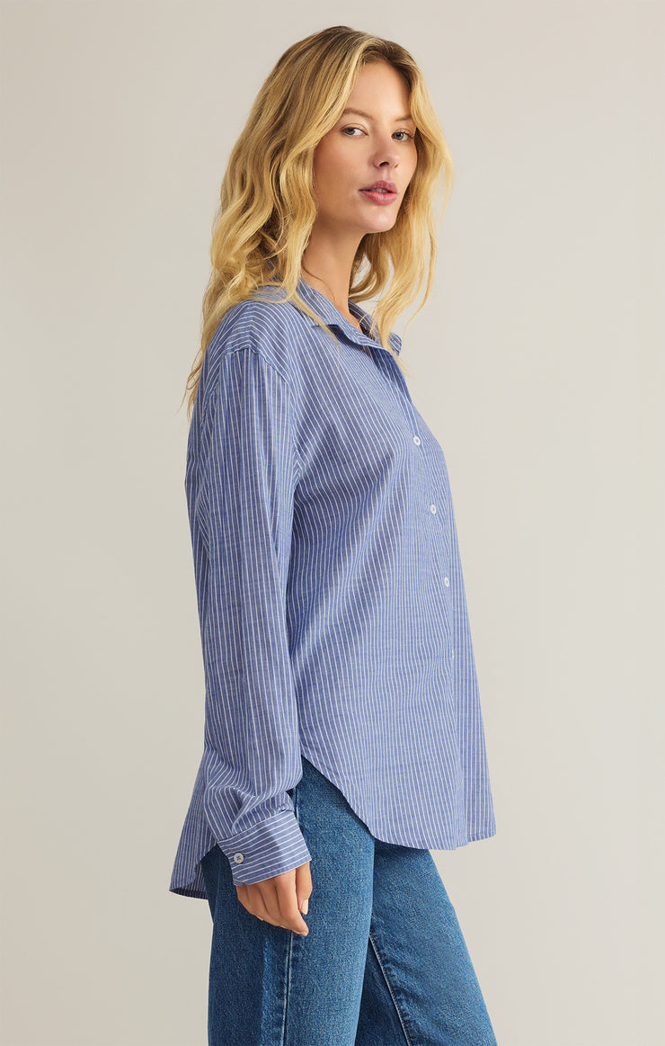 Tops Seaport Striped Button Up Sky Blue