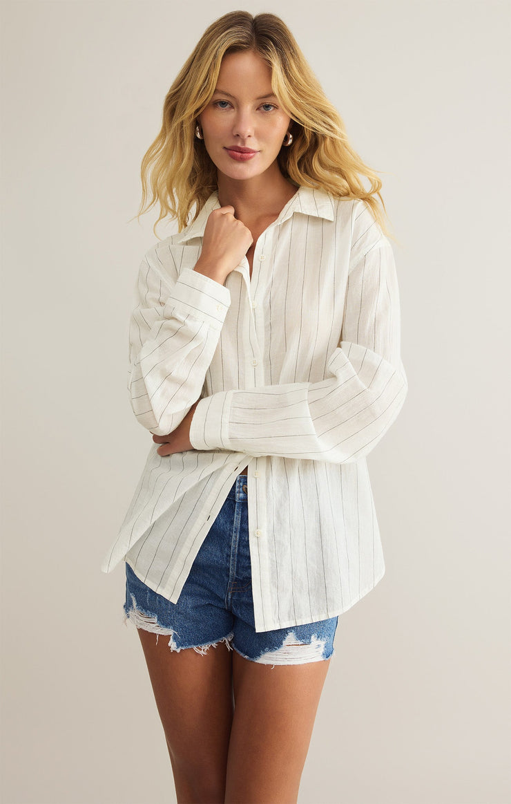 Tops Seaport Striped Button Up White