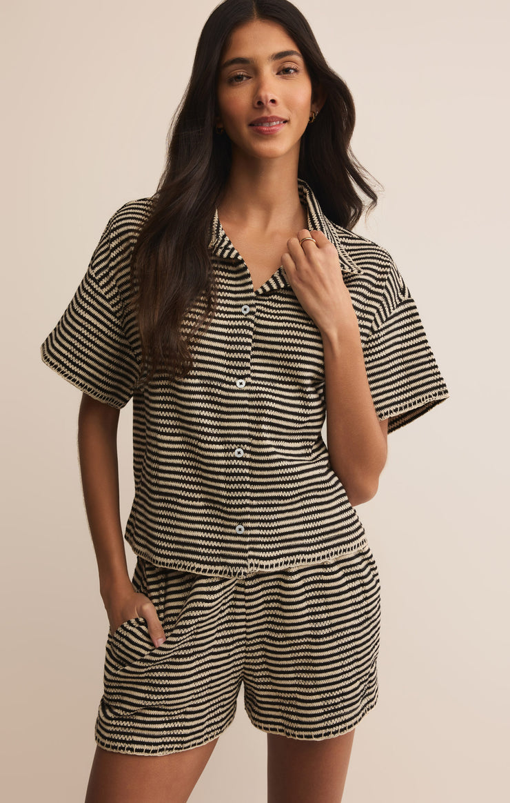Tops Monaco Crochet Button Up Black