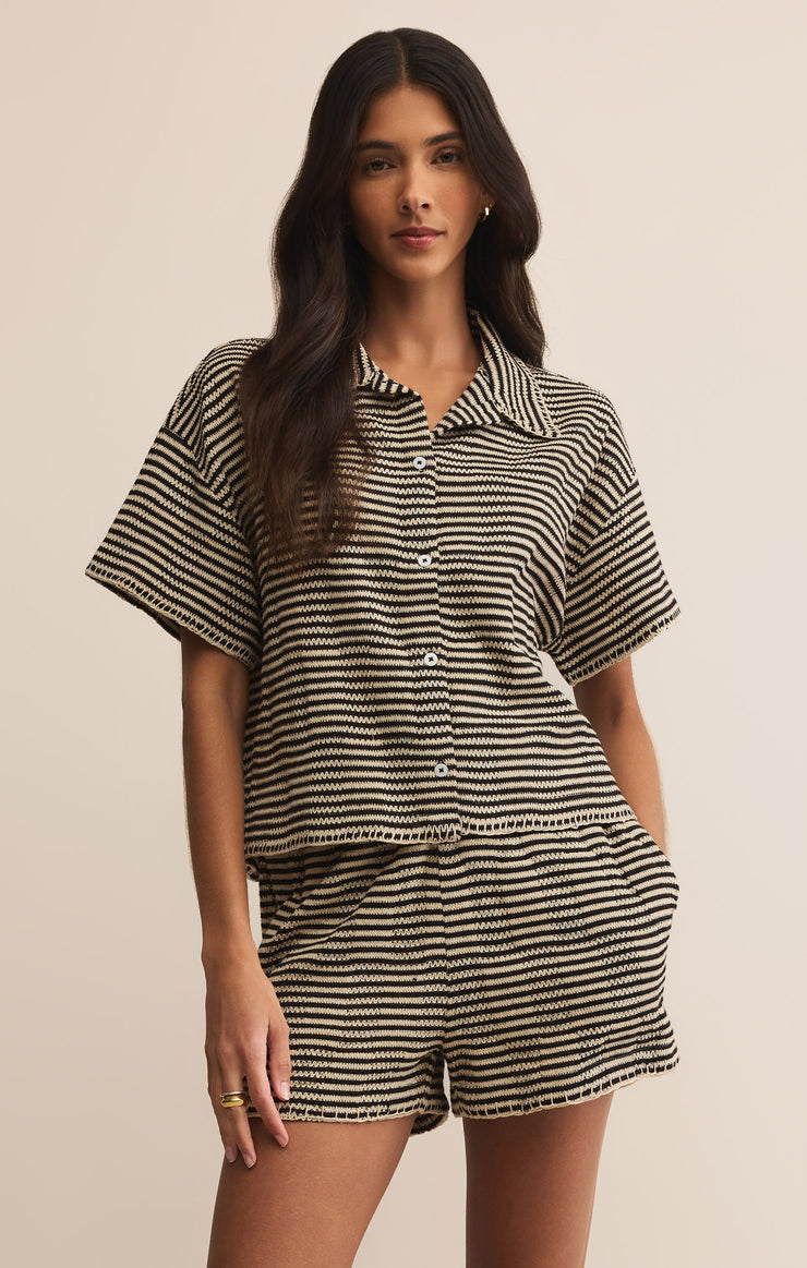 Tops Monaco Crochet Button Up Black