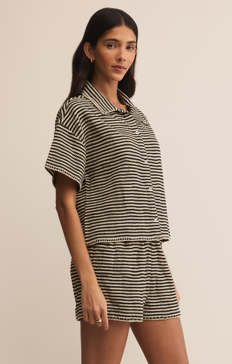 Tops Monaco Crochet Button Up Black