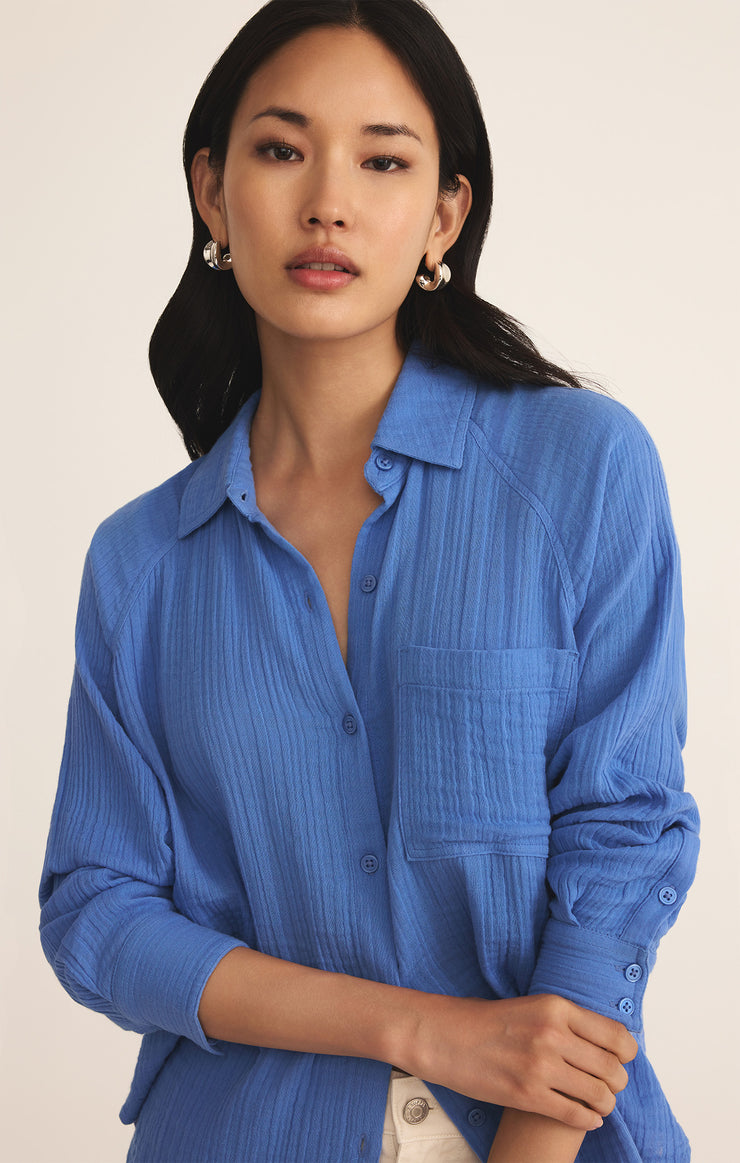 Tops Perfect Airy Gauze Button Up Bay Blue