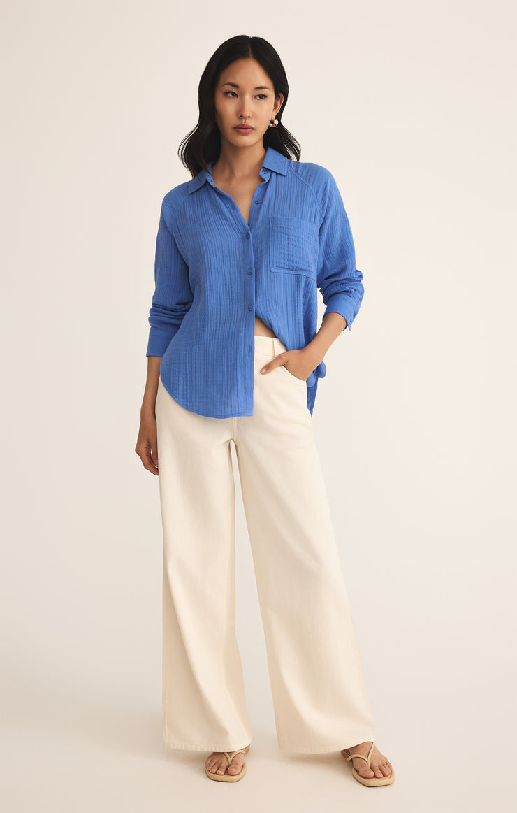 Tops Perfect Airy Gauze Button Up Bay Blue