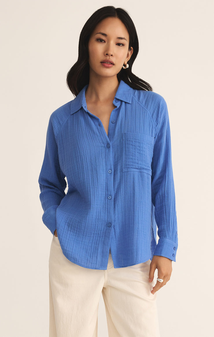 Tops Perfect Airy Gauze Button Up Bay Blue