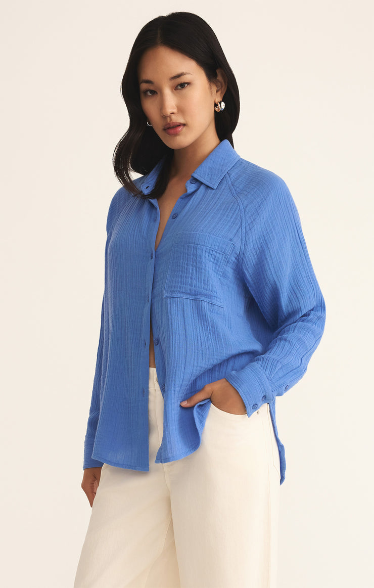 Tops Perfect Airy Gauze Button Up Bay Blue