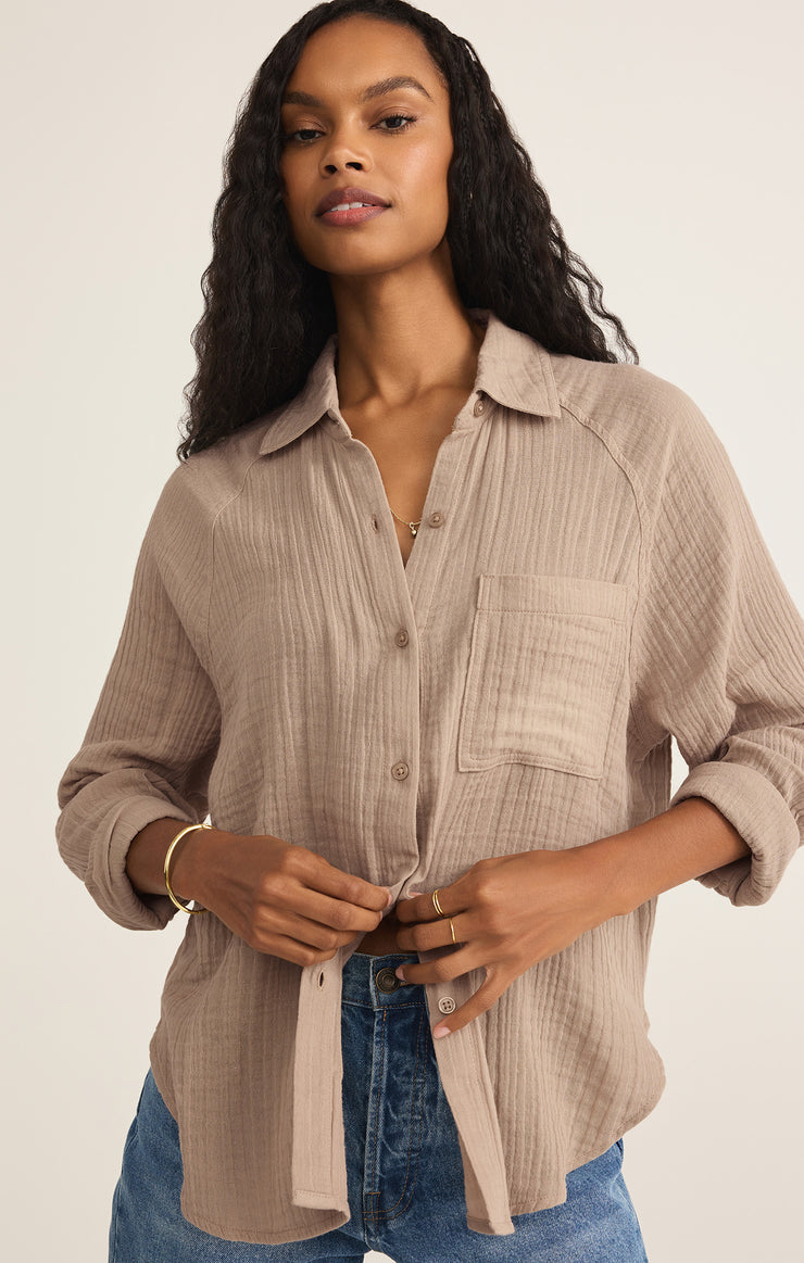 Tops Perfect Airy Gauze Button Up Iced Coffee