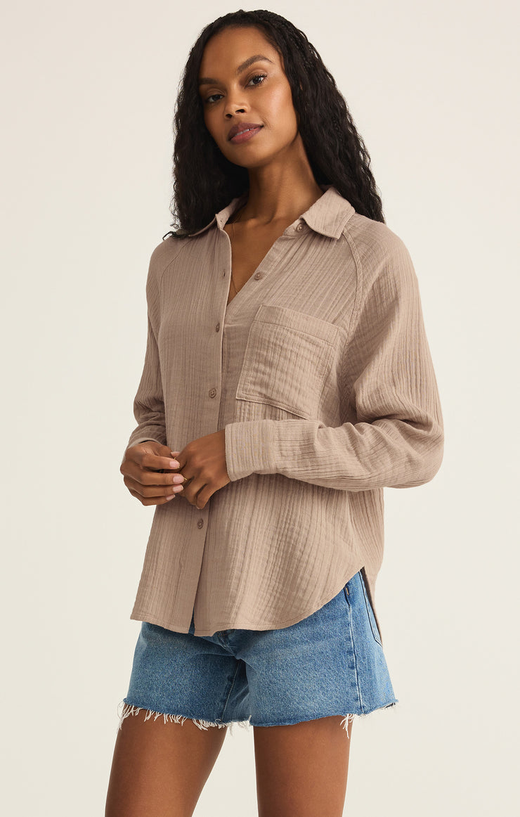 Tops Perfect Airy Gauze Button Up Iced Coffee