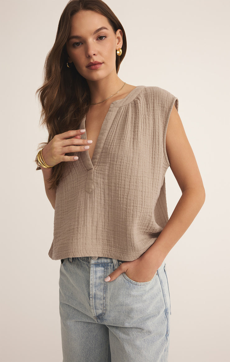 Tops Cliffside V-Neck Airy Gauze Top Iced Coffee