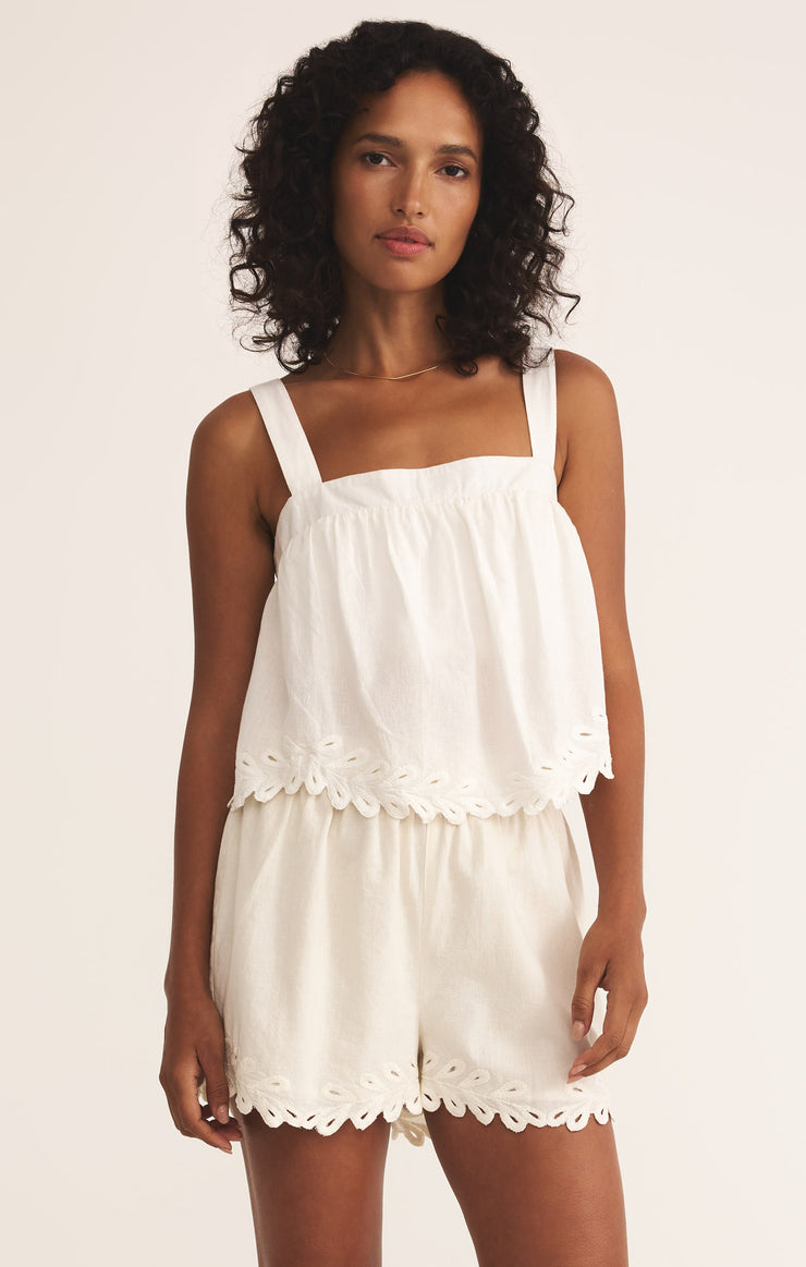 Tops Annecy Embroidered Linen Tank White