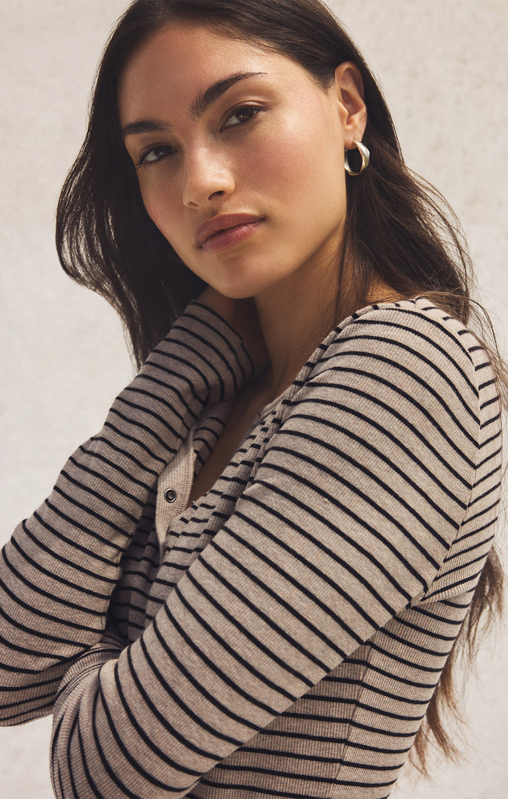Tops Stella Striped Modal Rib Henley Heather Taupe