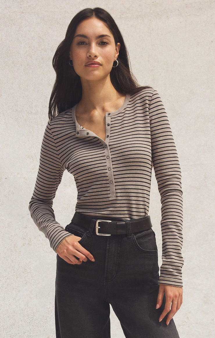 Tops Stella Striped Modal Rib Henley Heather Taupe