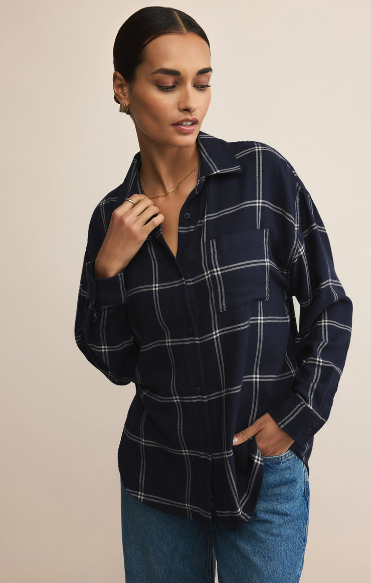 Tops River Plaid Button Up Blue Sapphire