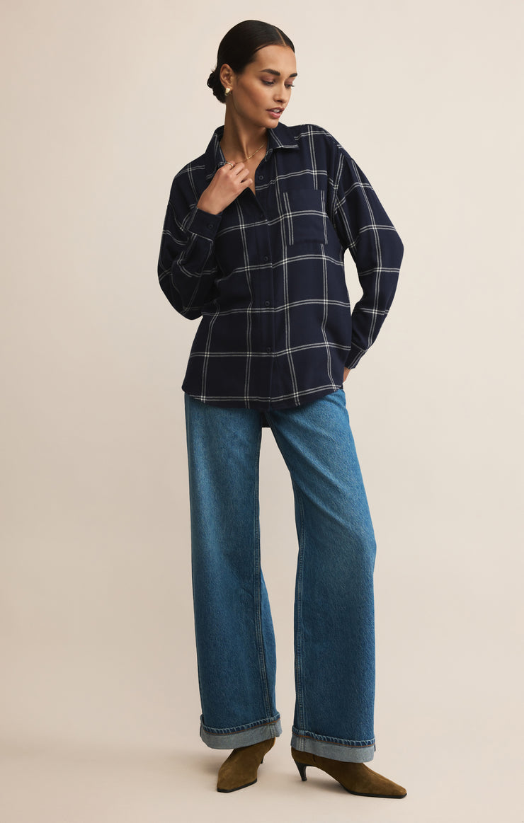 Tops River Plaid Button Up Blue Sapphire