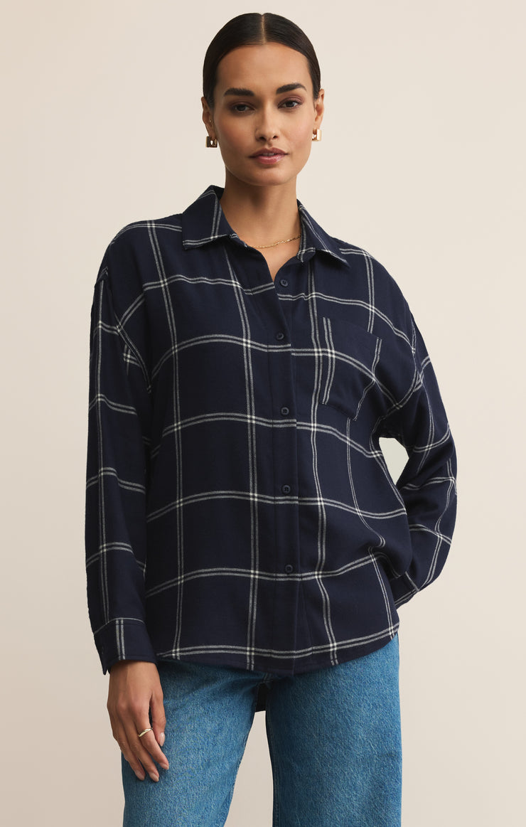 Tops River Plaid Button Up Blue Sapphire