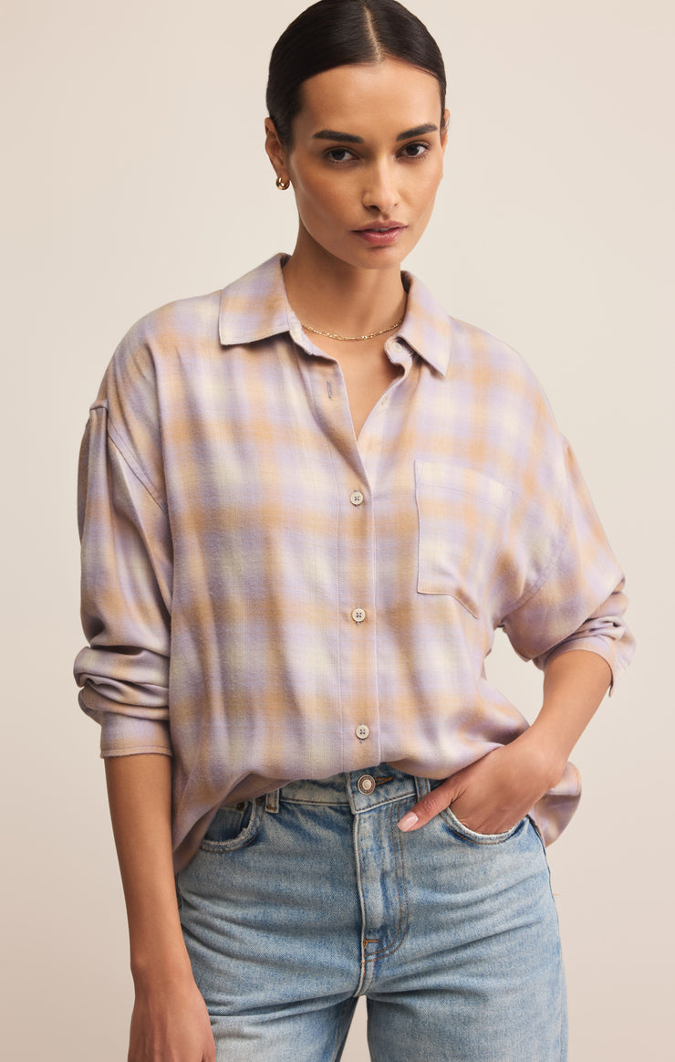 Tops River Plaid Button Up Lavender Ice