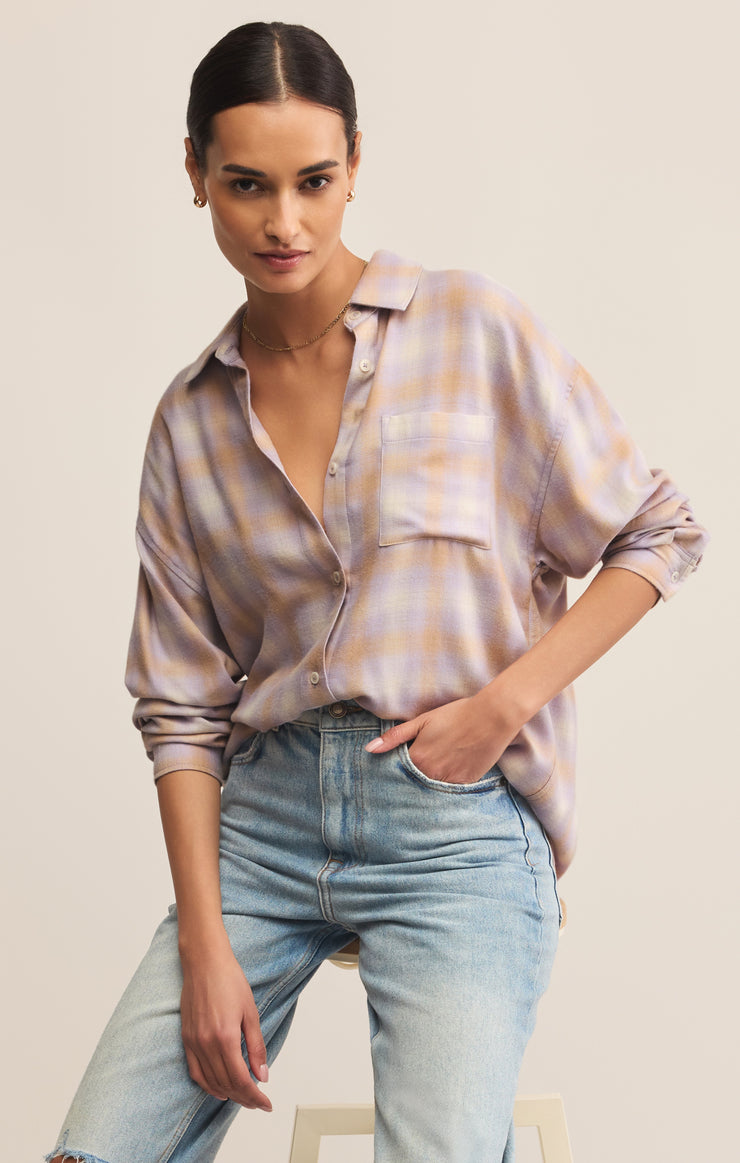 Tops River Plaid Button Up Lavender Ice