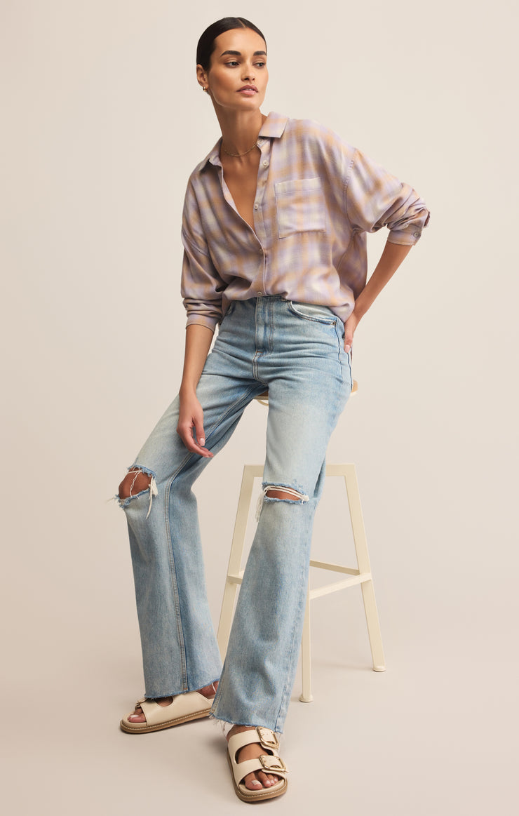 Tops River Plaid Button Up Lavender Ice