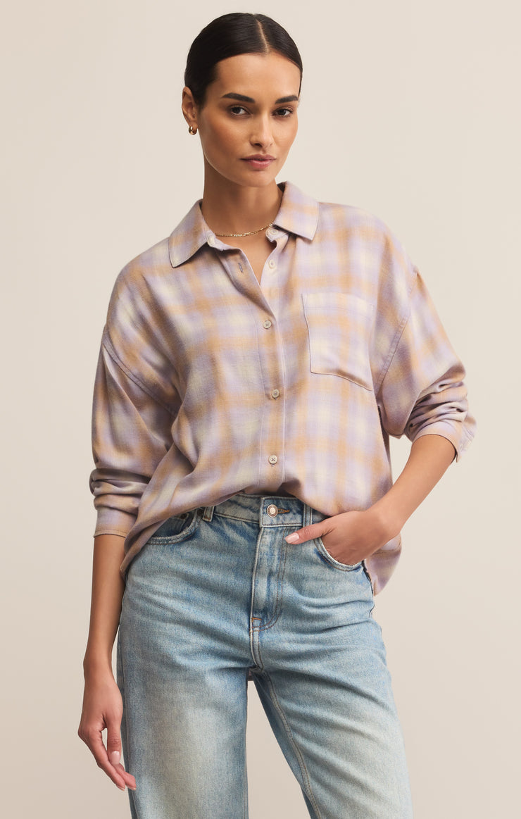 Tops River Plaid Button Up Lavender Ice