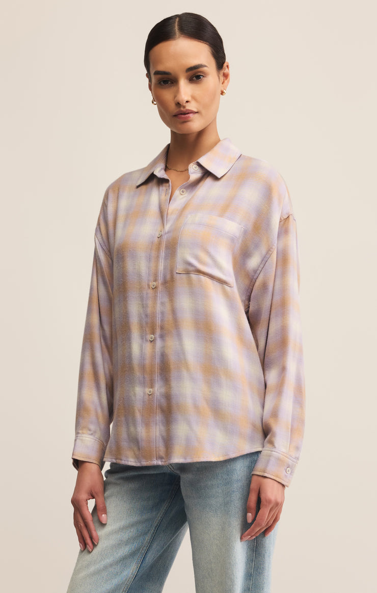 Tops River Plaid Button Up Lavender Ice