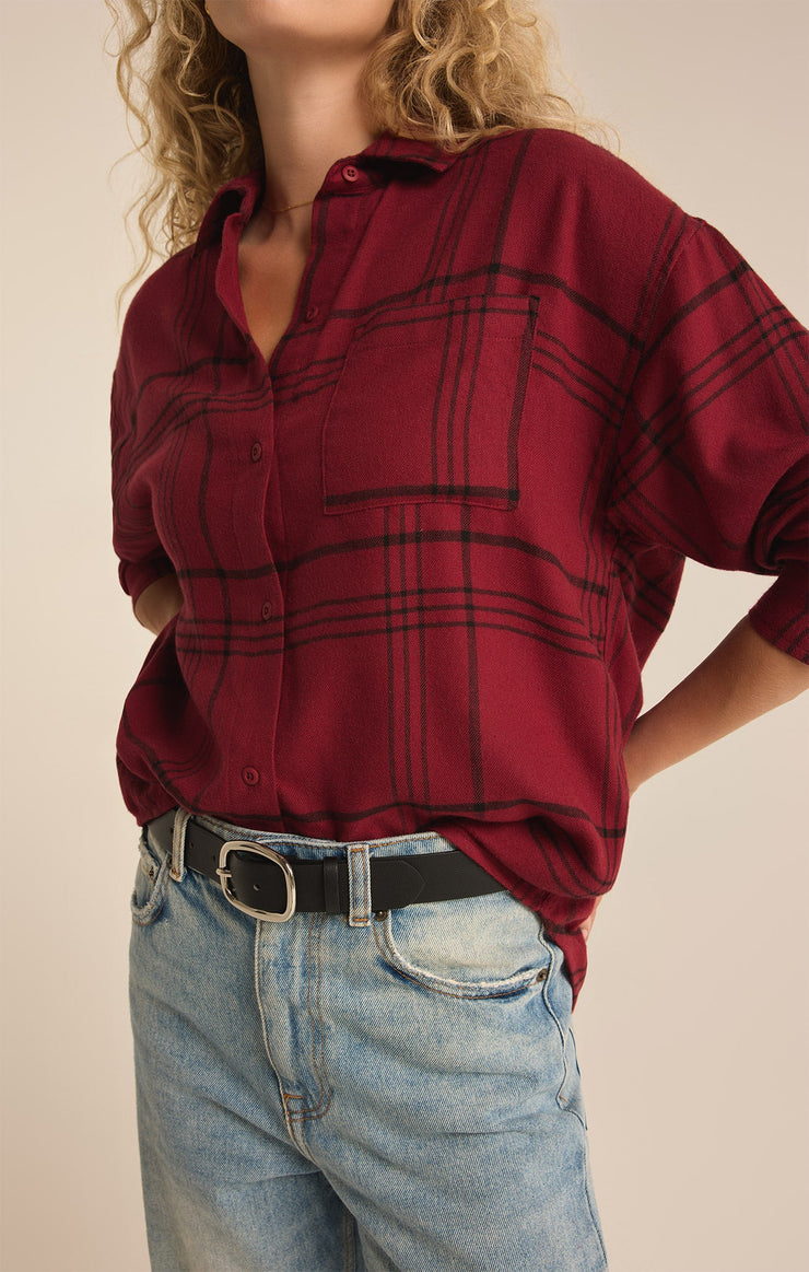 Tops River Plaid Button Up Red Dahlia