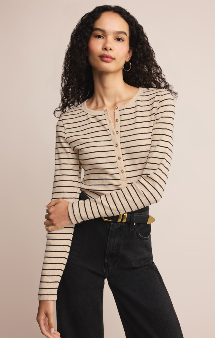 Tops Eve Stripe Henley Long Sleeve Light Oatmeal Heather