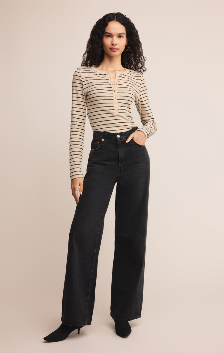 Tops Eve Stripe Henley Long Sleeve Light Oatmeal Heather