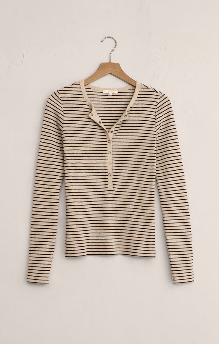 Tops Eve Stripe Henley Long Sleeve Light Oatmeal Heather