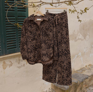  Leopard print outfit hanging against a rustic wall with green shutters.