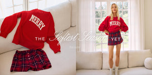  Red 'MERRY' sweater and plaid skirt on a couch with a person wearing the outfit in a bright room.