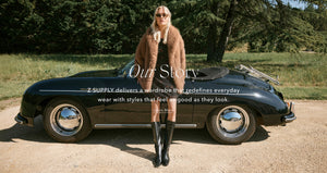  Woman standing next to a vintage car with text overlay about a fashion brand.