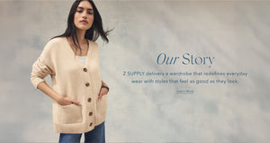  Woman wearing a beige cardigan with text about Z Supply on a gray background