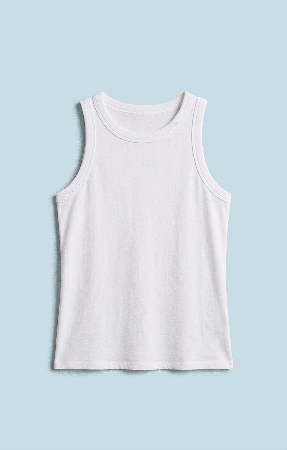 White tank top on a light blue background