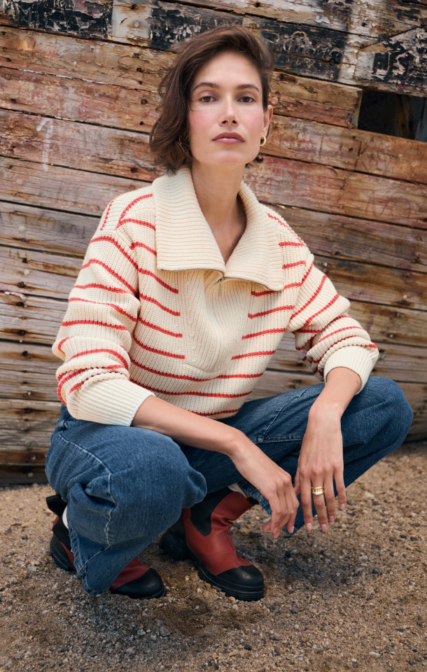 striped sweater with blue jeans