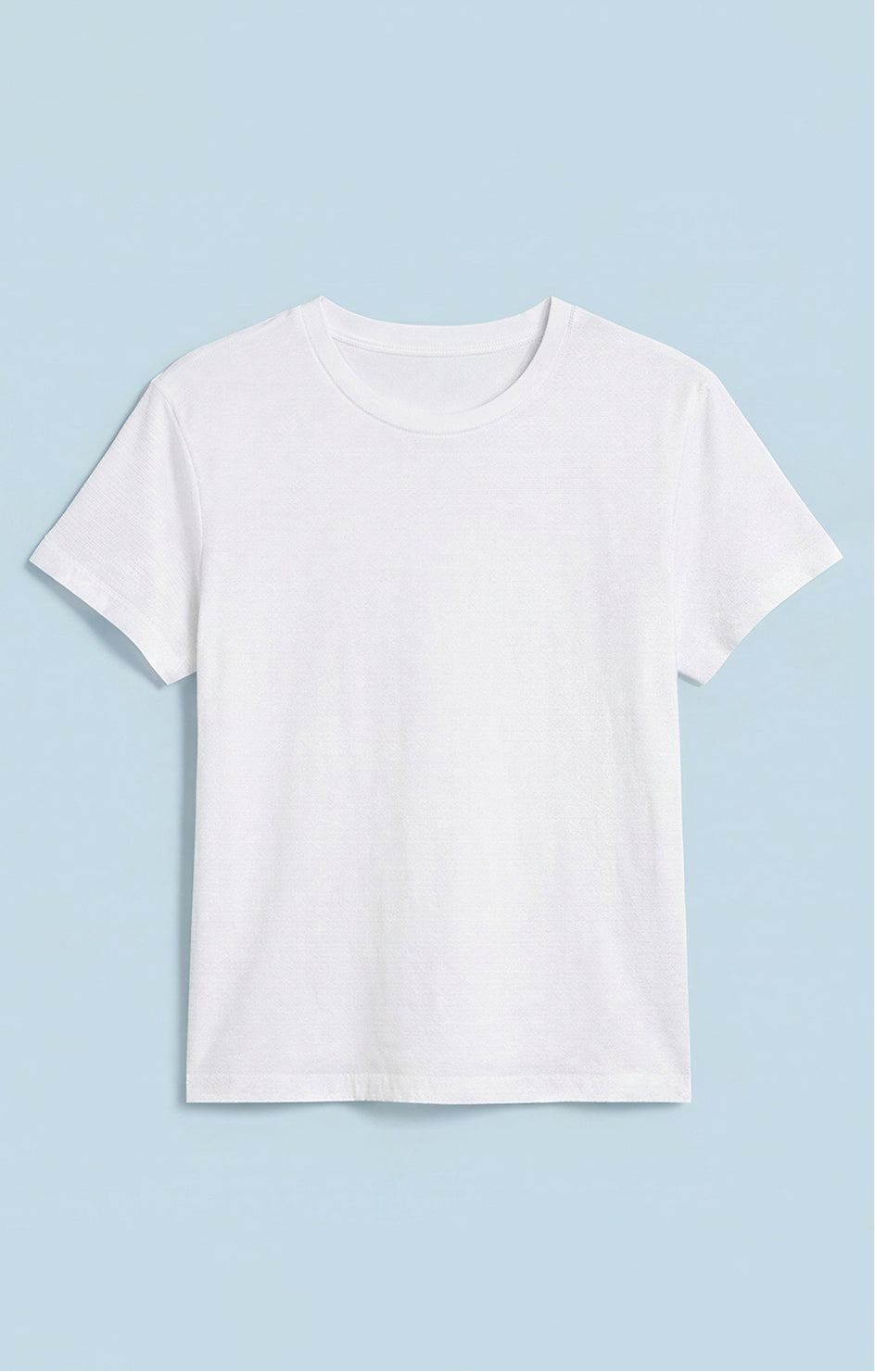 White t-shirt on a light blue background