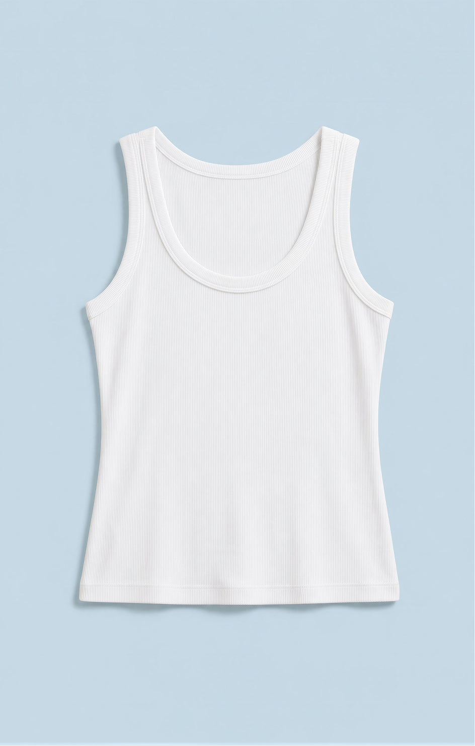 White tank top on a light blue background