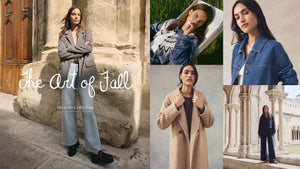  Collage of women in various outfits with text 'The Art of Fall' on a stone wall.