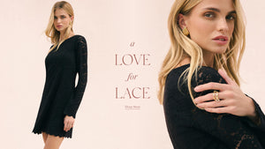  Woman wearing a black lace dress with text 'A Love for Lace' on a pink background