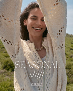  Woman wearing a light beige crochet cardigan in an outdoor setting with 'SEASONAL shift' text overlay.