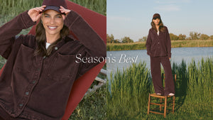  Woman wearing a brown jacket and cap in two different settings with text 'Season's Best'.